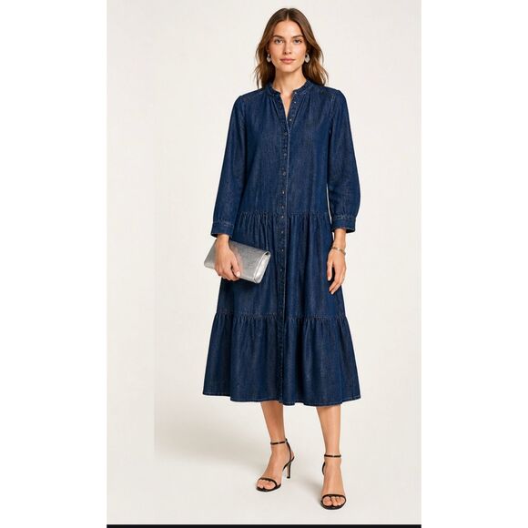 Boden Dresses & Skirts - Boden Blue Denim Midi Dress US 6R Ruffle Collar Tiered Button Front